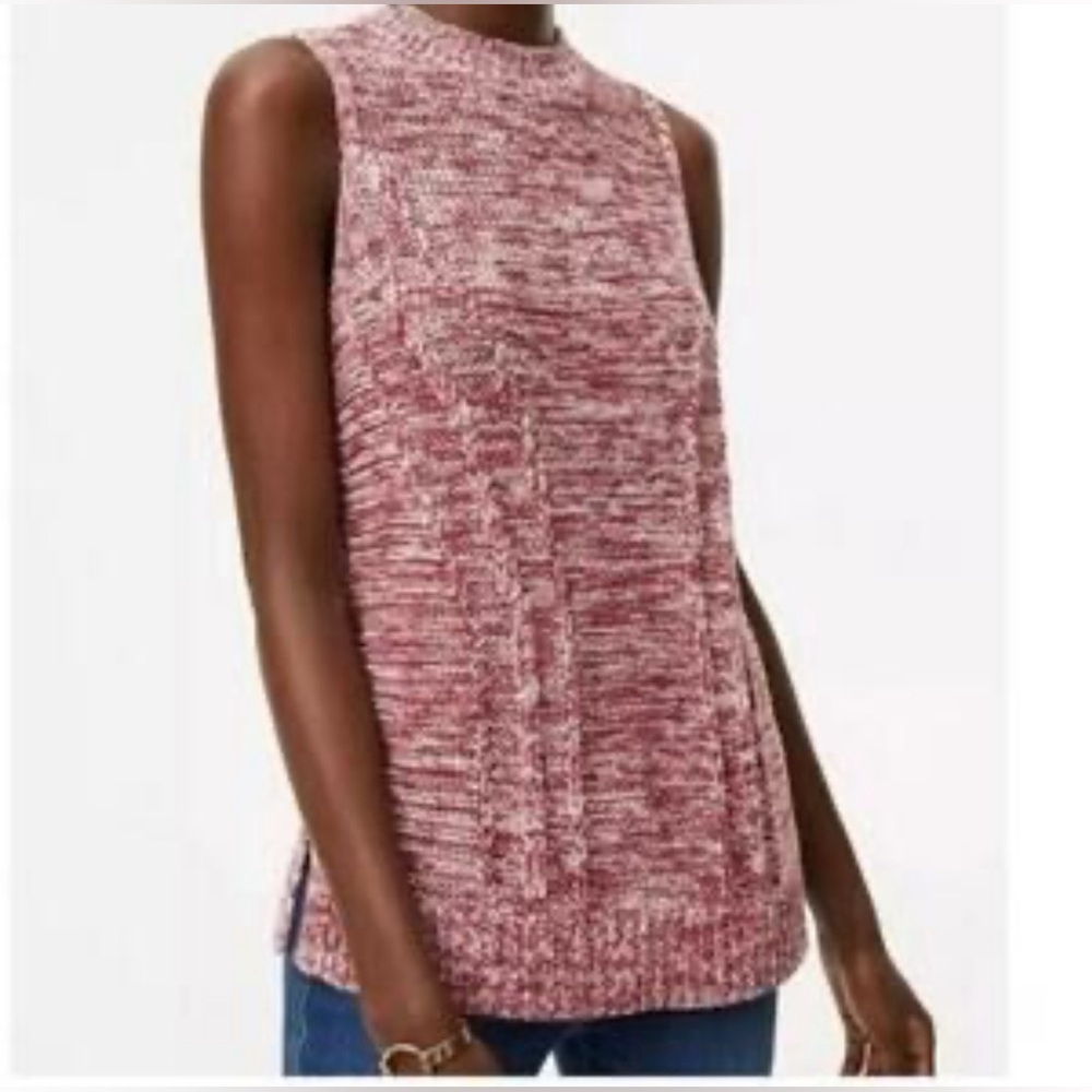 LOFT Marled Knit Sleeveless Sweater Mock Neck Maroon NWT Small Cozy Chic